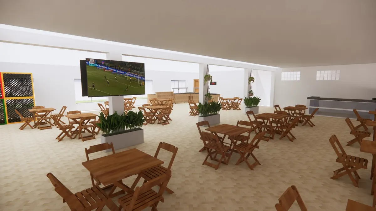 Renderização 3D de lounge bar comercial