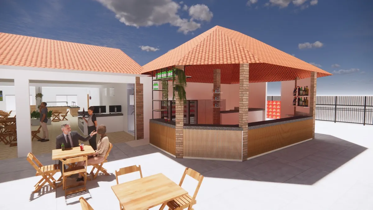 Renderização 3D de quiosque e área de bar externa